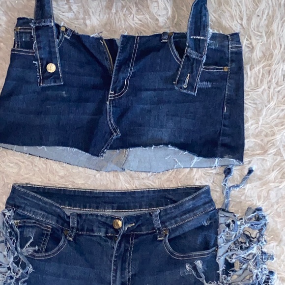 CUSTOM @KOUTUREDENIM HALTER TOP SET FRINGE JEANS - Picture 3 of 5